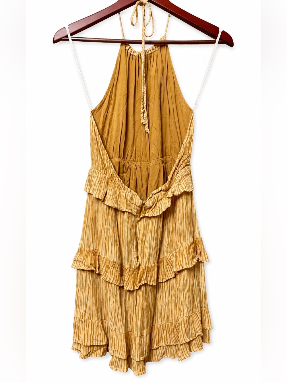 Lulus Mustard Yellow Crinkle Halter Ruffle Mini Dress | Open Back | Size S - Picture 2 of 6